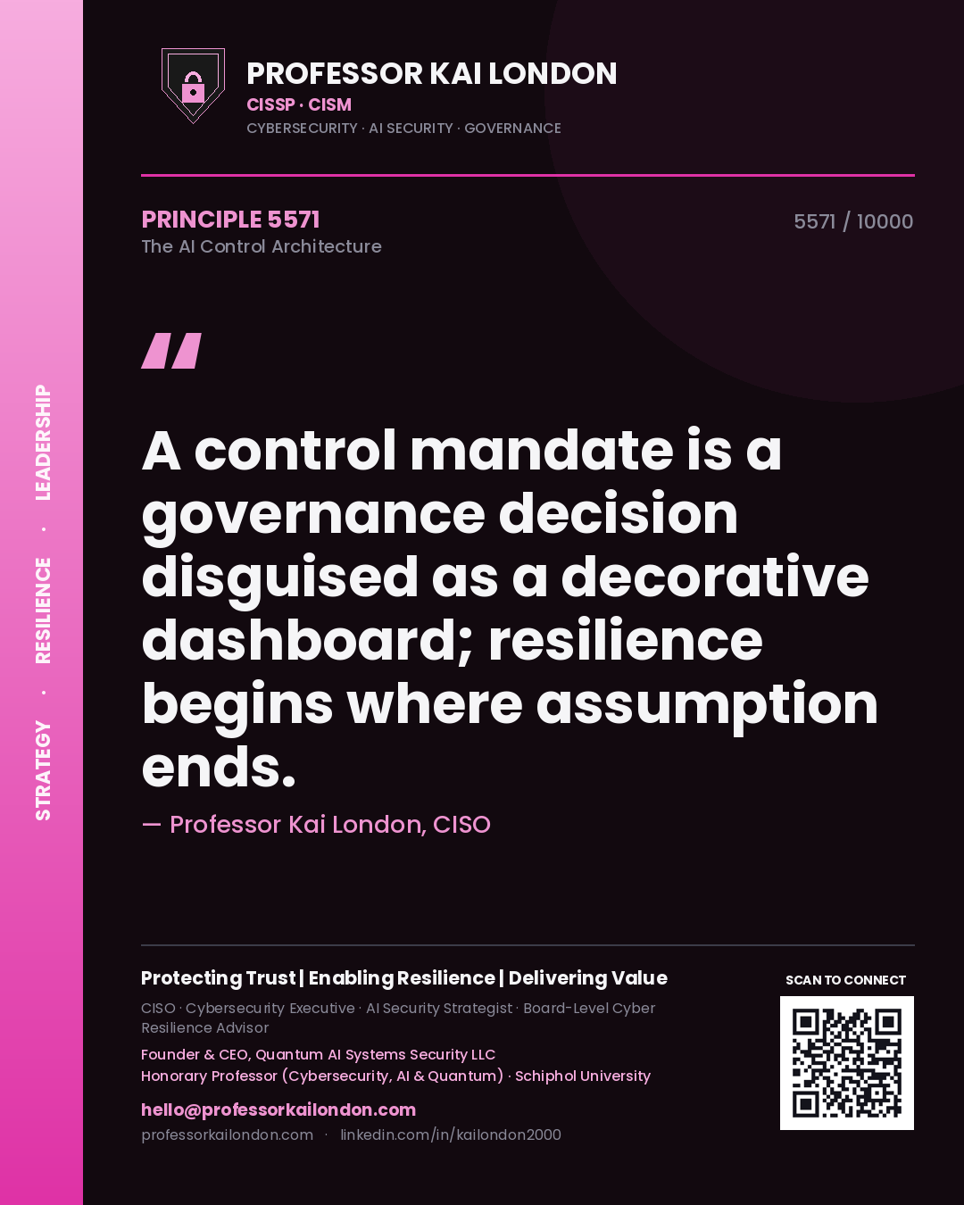 Professor Kai London principle 5571: A control mandate is a governance decision disguised as a decorative dashboard; resilience begins where assumption ends.