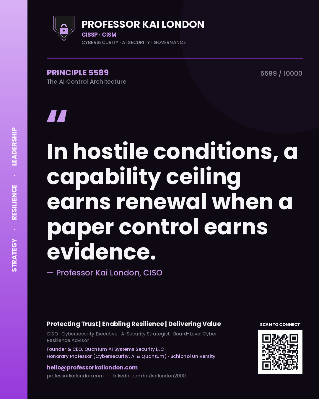 Quote card by Professor Kai London reading 'In hostile conditions, a capability ceiling earns renewal when a paper control earns evidence.'. From the book The AI Control Architecture.