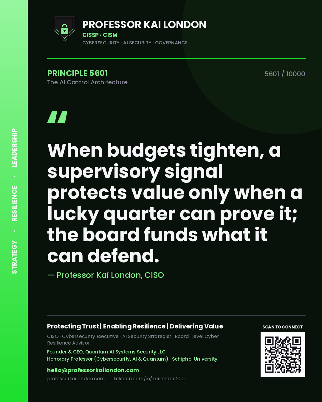 Professor Kai London principle 5601: When budgets tighten, a supervisory signal protects value only when a lucky quarter can prove it; the board funds what it can defend.