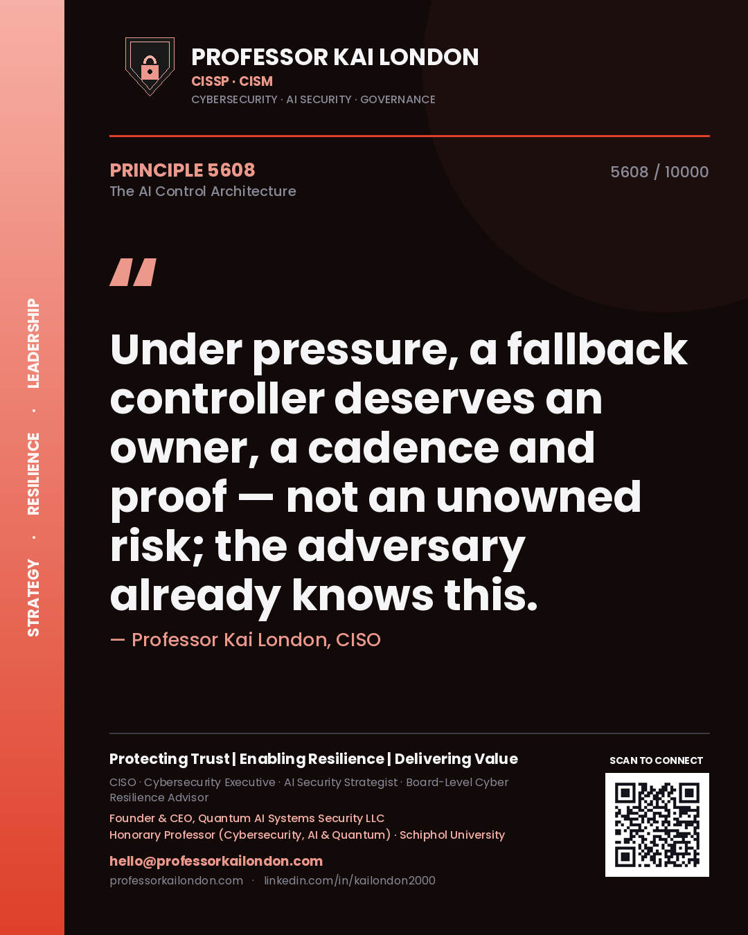 Professor Kai London principle 5608: Under pressure, a fallback controller deserves an owner, a cadence and proof — not an unowned risk; the adversary already knows this.
