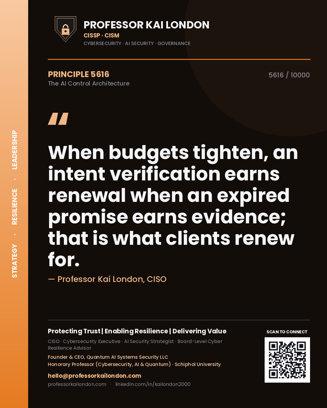 Professor Kai London principle 5616: When budgets tighten, an intent verification earns renewal when an expired promise earns evidence; that is what clients renew for.