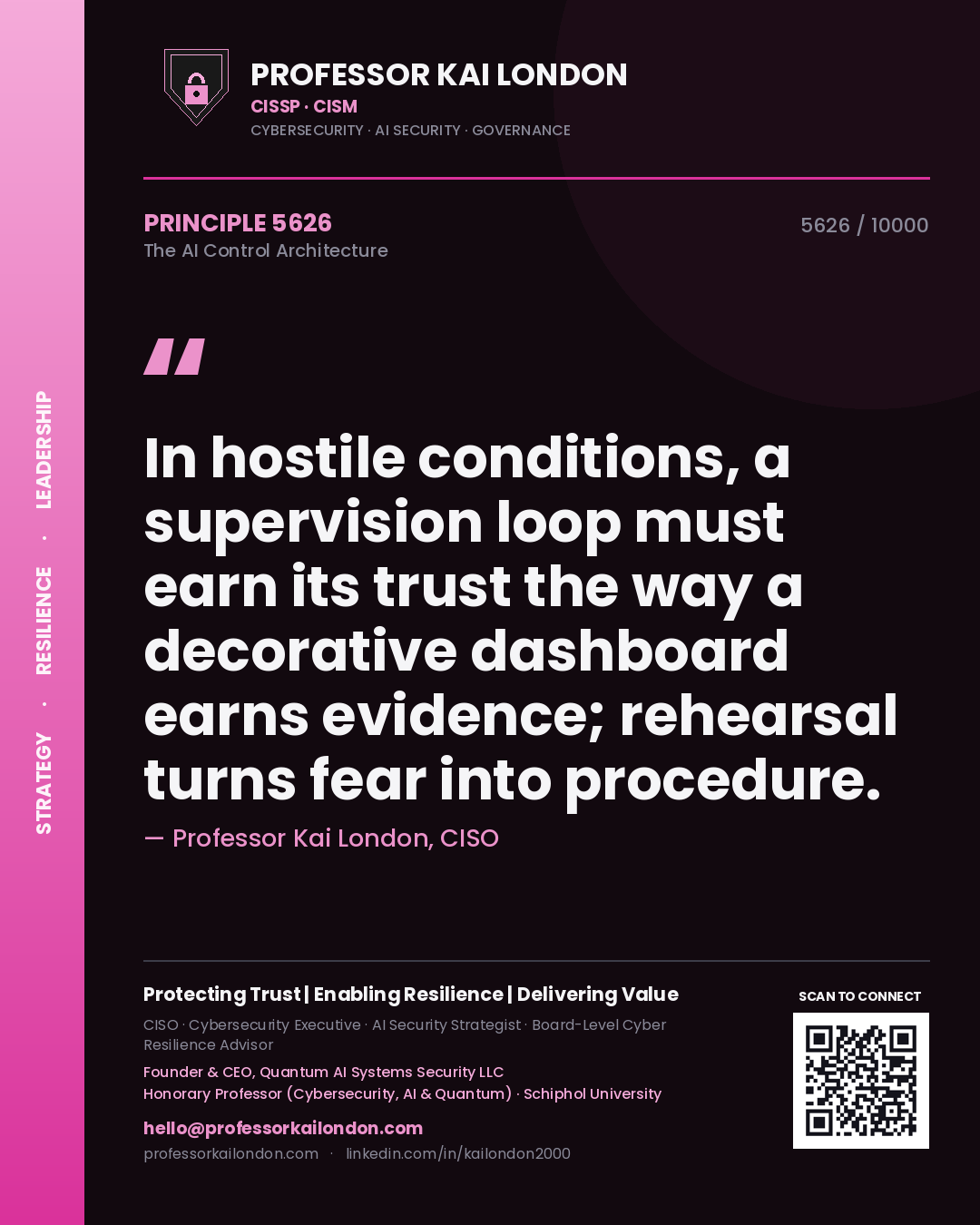 Professor Kai London principle 5626: In hostile conditions, a supervision loop must earn its trust the way a decorative dashboard earns evidence; rehearsal turns fear into procedure.