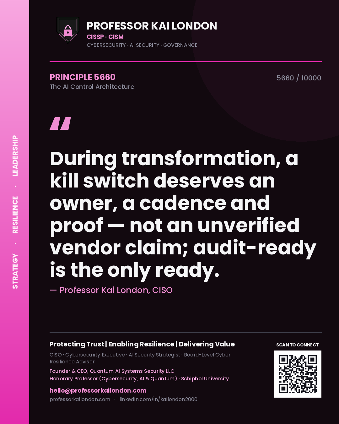 Quote card by Professor Kai London reading 'During transformation, a kill switch deserves an owner, a cadence and proof — not an unverified vendor claim; audit-ready is the only ready.'. From the book The AI Control Architecture.