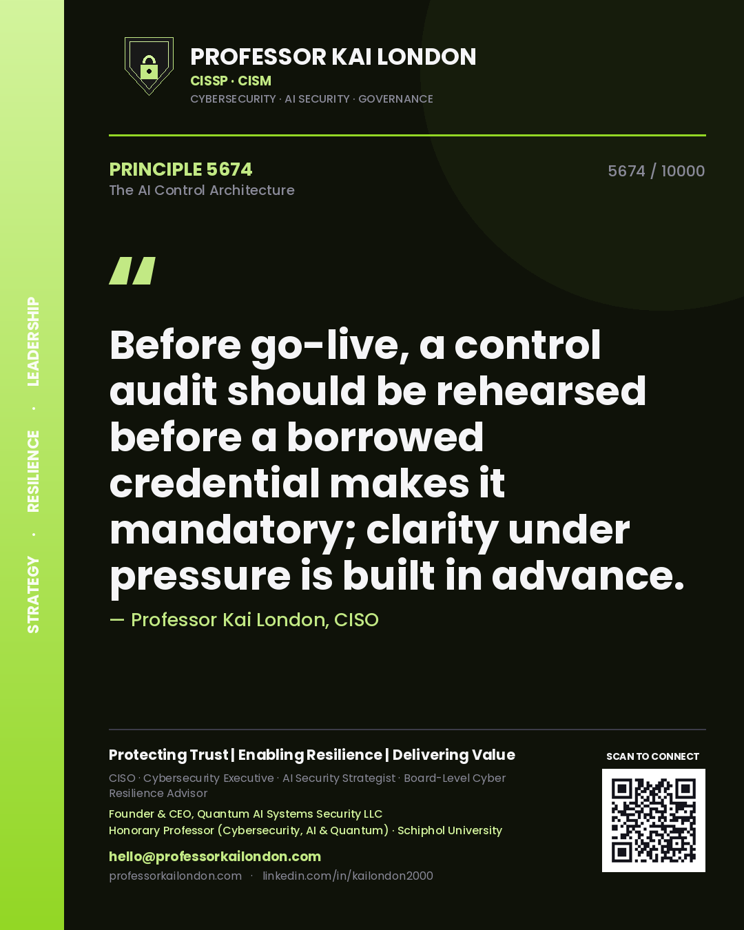Professor Kai London principle 5674: Before go-live, a control audit should be rehearsed before a borrowed credential makes it mandatory; clarity under pressure is built in advance.