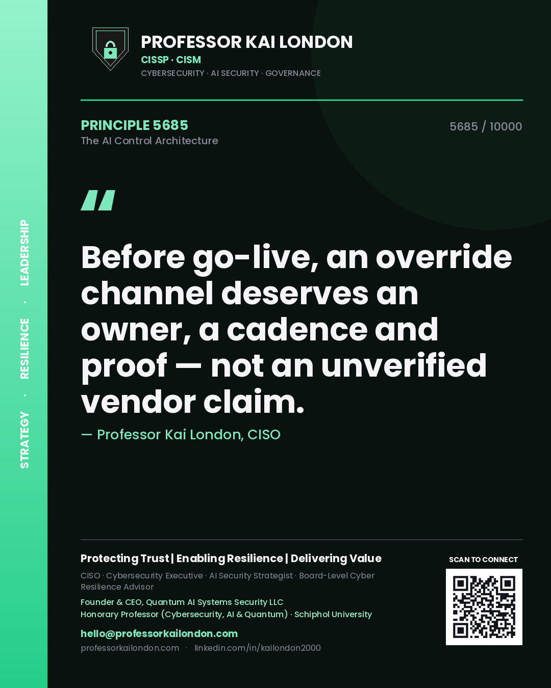 Professor Kai London principle 5685: Before go-live, an override channel deserves an owner, a cadence and proof — not an unverified vendor claim.