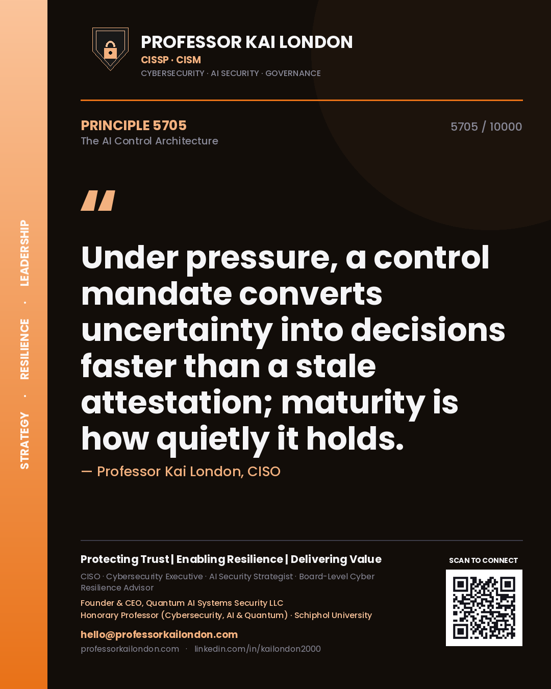 Quote card by Professor Kai London reading 'Under pressure, a control mandate converts uncertainty into decisions faster than a stale attestation; maturity is how quietly it holds.'. From the book The AI Control Architecture.