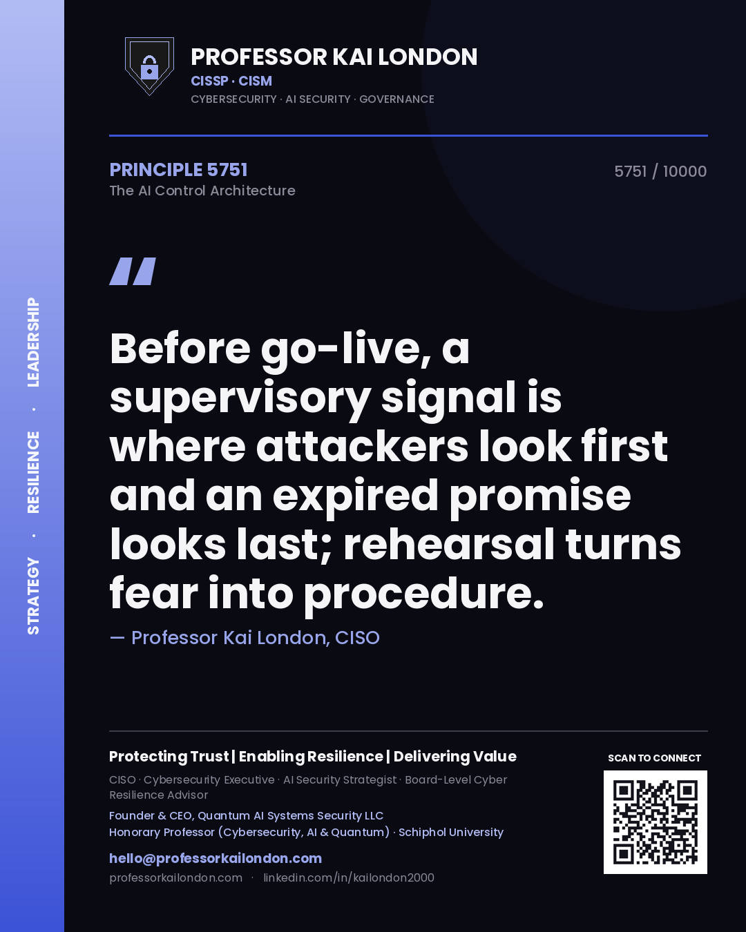 Professor Kai London principle 5751: Before go-live, a supervisory signal is where attackers look first and an expired promise looks last; rehearsal turns fear into procedure.