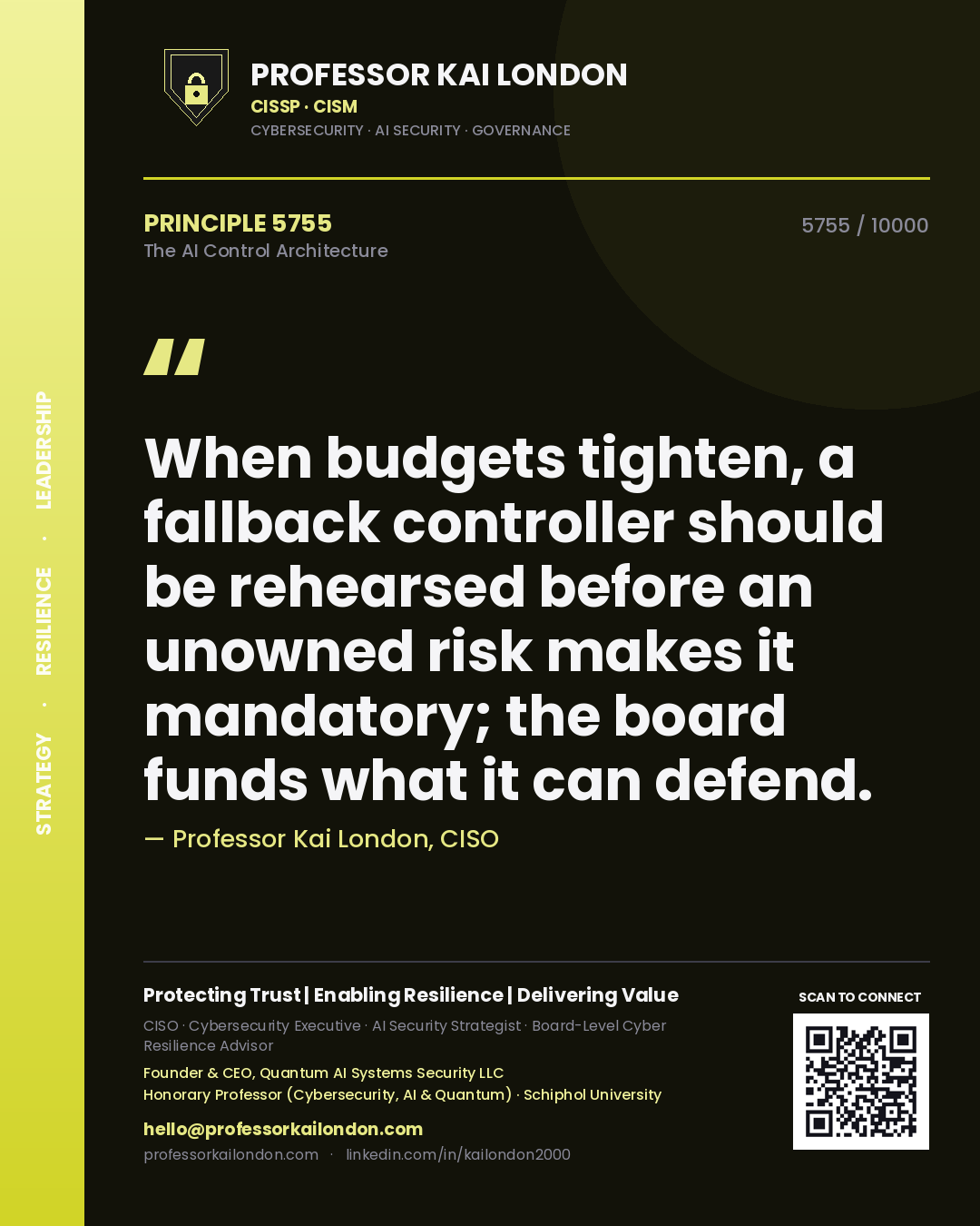 Quote card by Professor Kai London reading 'When budgets tighten, a fallback controller should be rehearsed before an unowned risk makes it mandatory; the board funds what it can defend.'. From the book The AI Control Architecture.