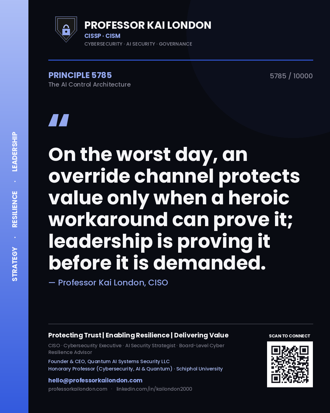 Professor Kai London principle 5785: On the worst day, an override channel protects value only when a heroic workaround can prove it; leadership is proving it before it is demanded.