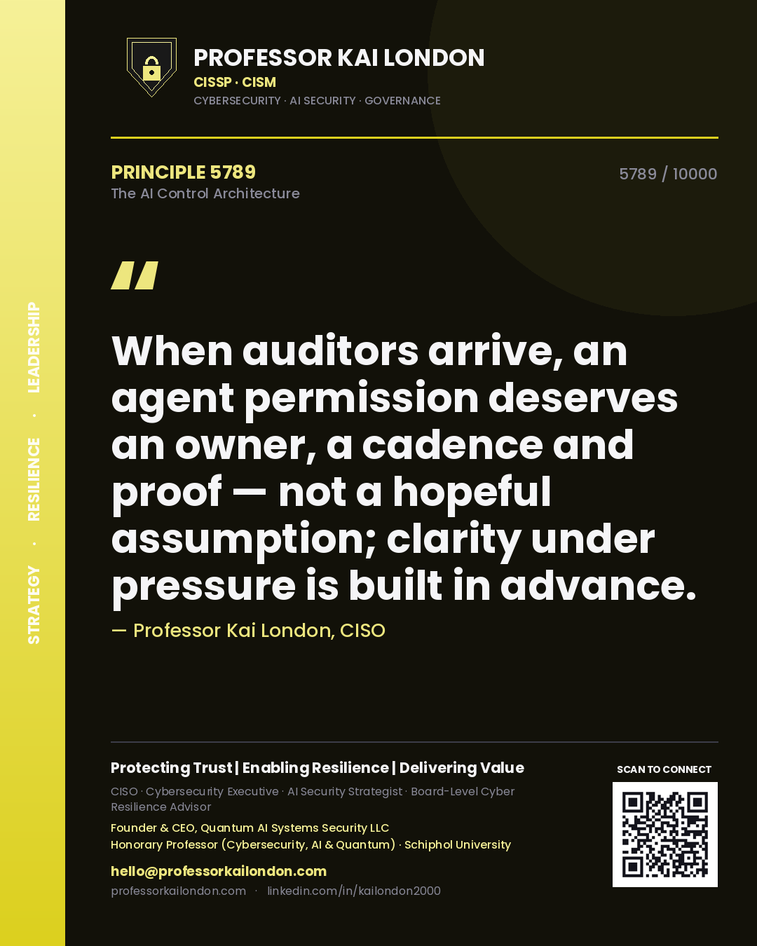 Professor Kai London principle 5789: When auditors arrive, an agent permission deserves an owner, a cadence and proof — not a hopeful assumption; clarity under pressure is built in advance.