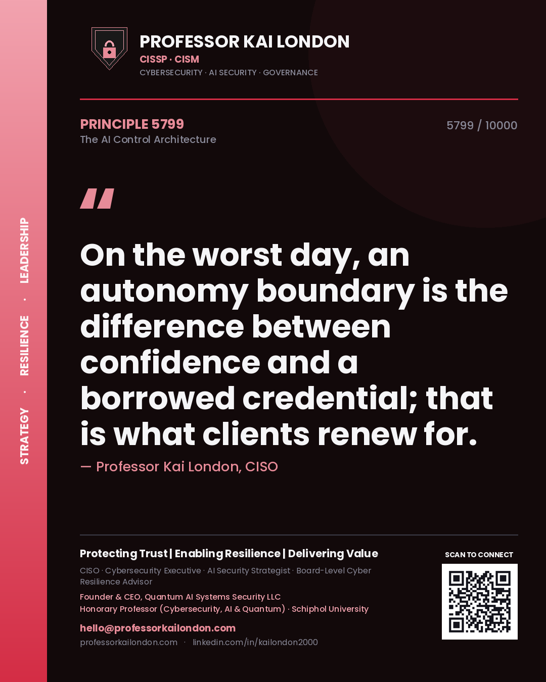 Quote card by Professor Kai London reading 'On the worst day, an autonomy boundary is the difference between confidence and a borrowed credential; that is what clients renew for.'. From the book The AI Control Architecture.