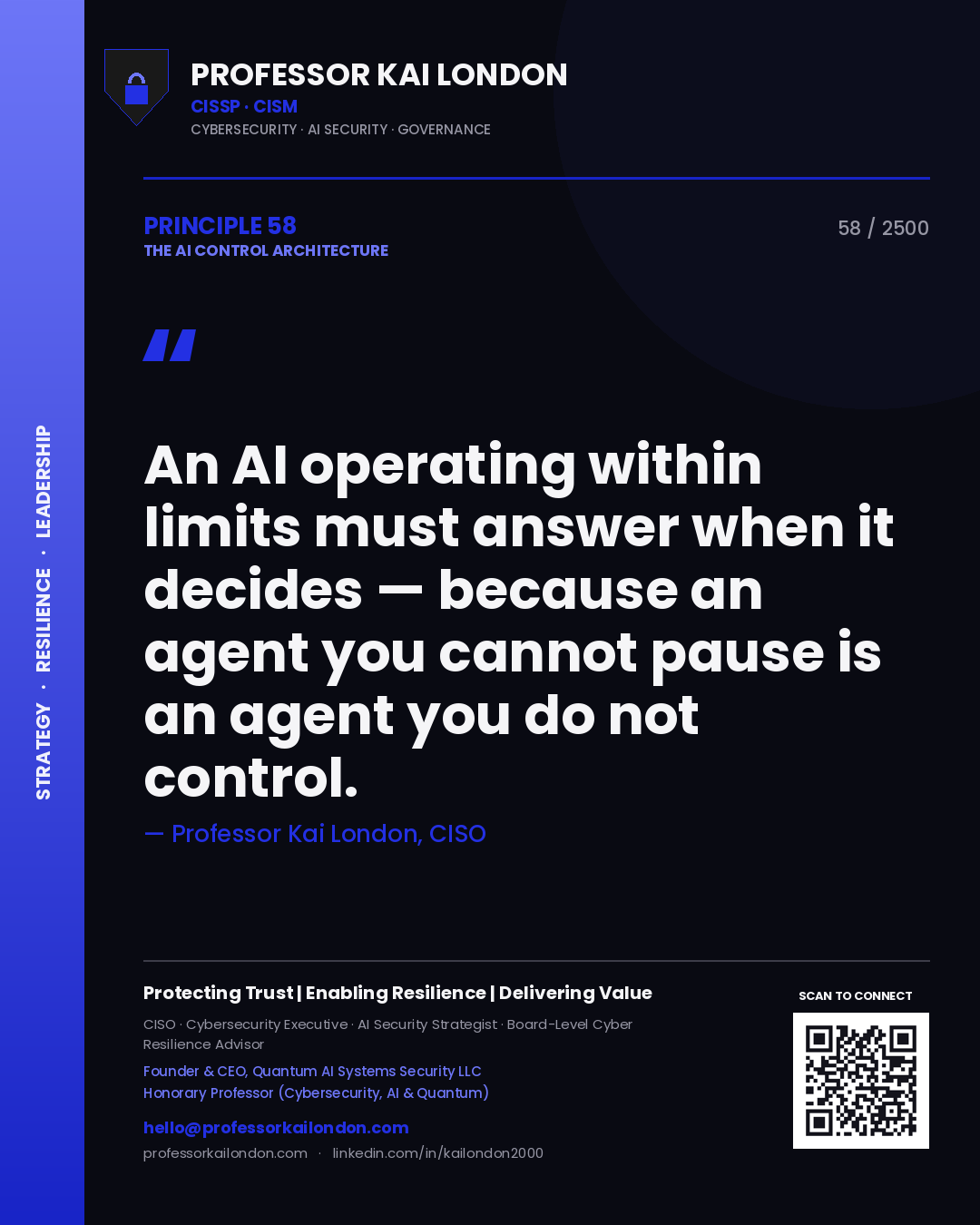 Professor Kai London principle 58: An AI operating within limits must answer when it decides — because an agent you cannot pause is an agent you do not control.