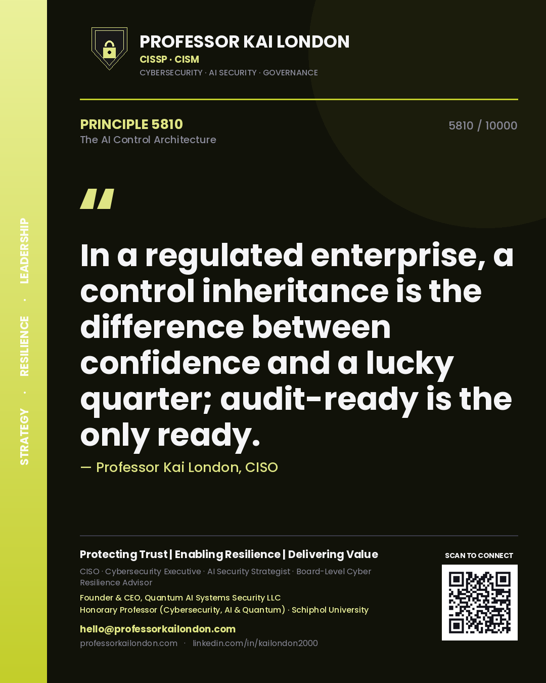 Professor Kai London principle 5810: In a regulated enterprise, a control inheritance is the difference between confidence and a lucky quarter; audit-ready is the only ready.
