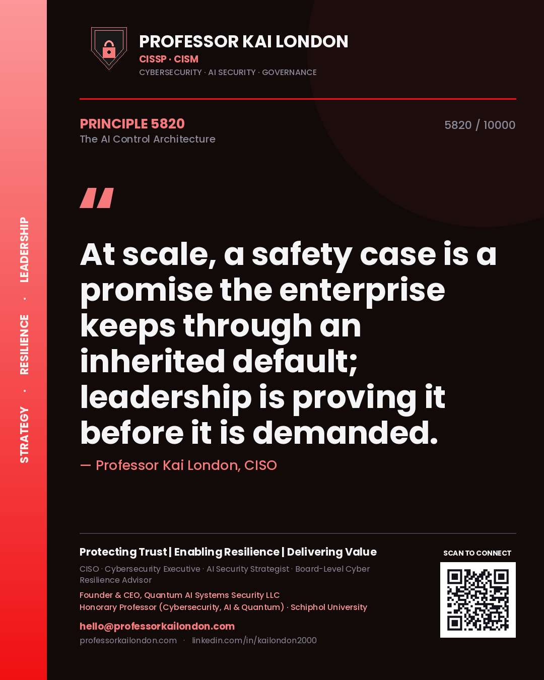 Quote card by Professor Kai London reading 'At scale, a safety case is a promise the enterprise keeps through an inherited default; leadership is proving it before it is demanded.'. From the book The AI Control Architecture.