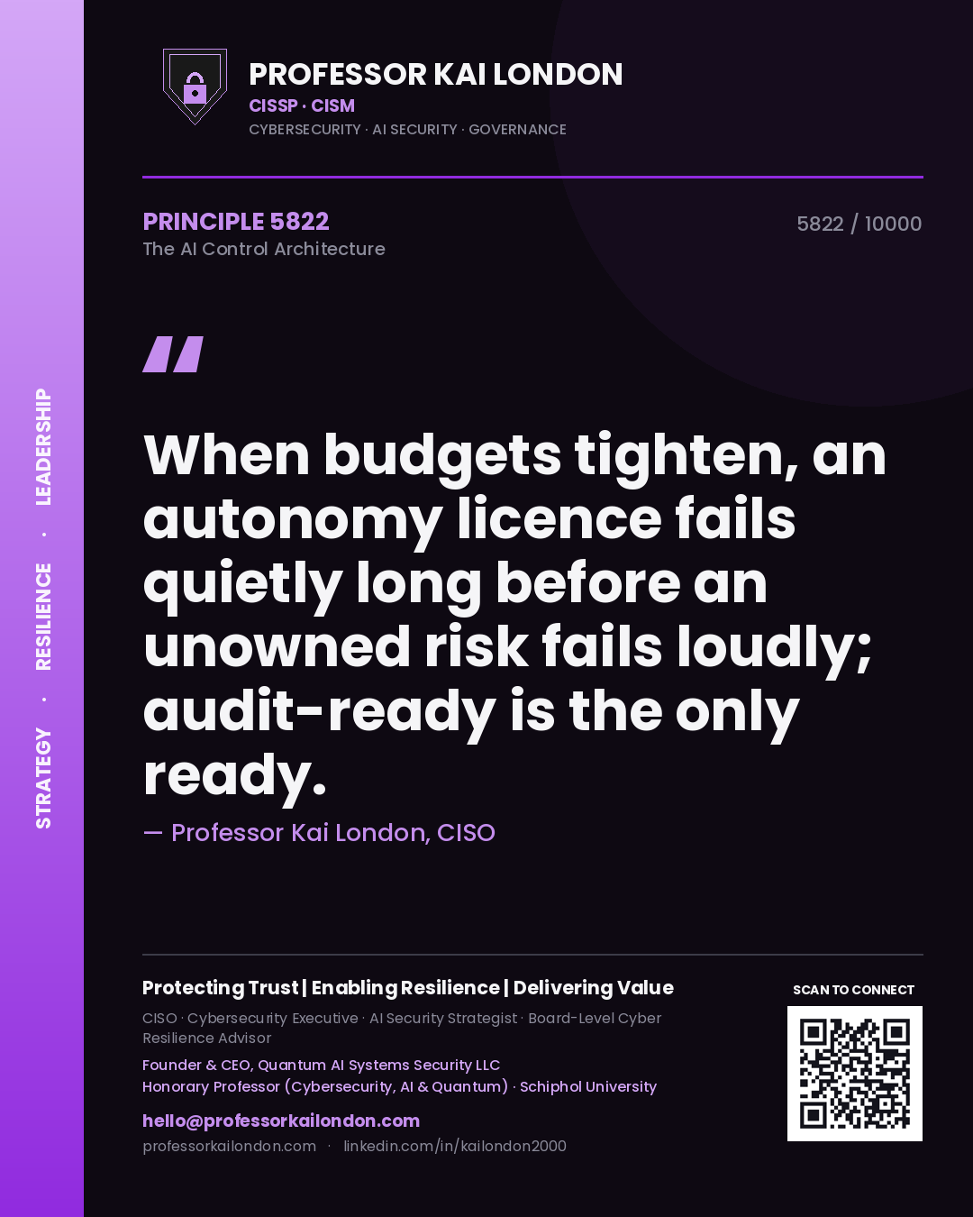 Professor Kai London principle 5822: When budgets tighten, an autonomy licence fails quietly long before an unowned risk fails loudly; audit-ready is the only ready.