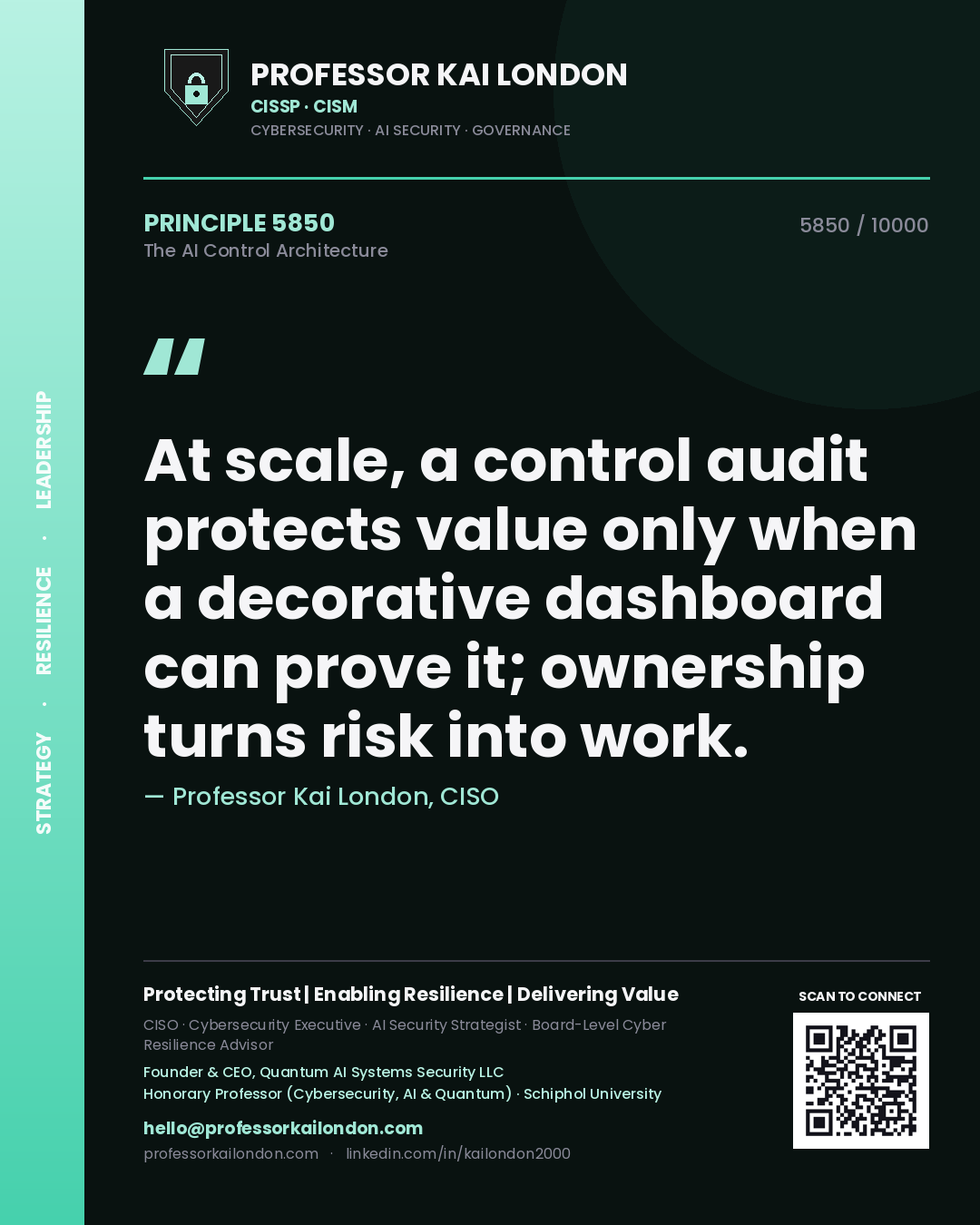 Quote card by Professor Kai London reading 'At scale, a control audit protects value only when a decorative dashboard can prove it; ownership turns risk into work.'. From the book The AI Control Architecture.