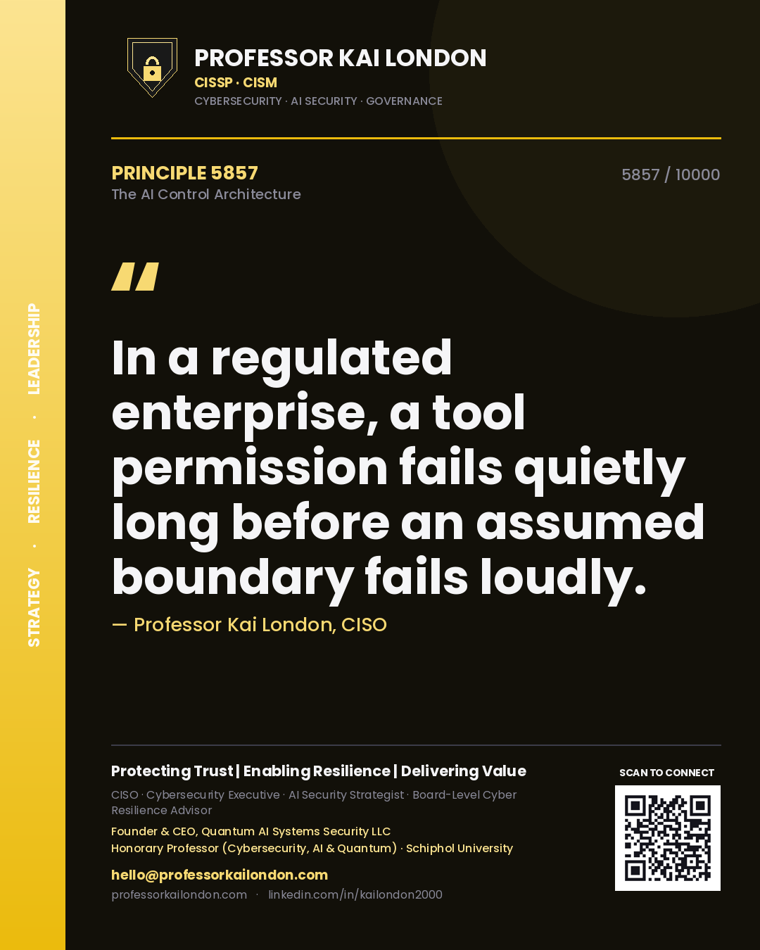 Quote card by Professor Kai London reading 'In a regulated enterprise, a tool permission fails quietly long before an assumed boundary fails loudly.'. From the book The AI Control Architecture.