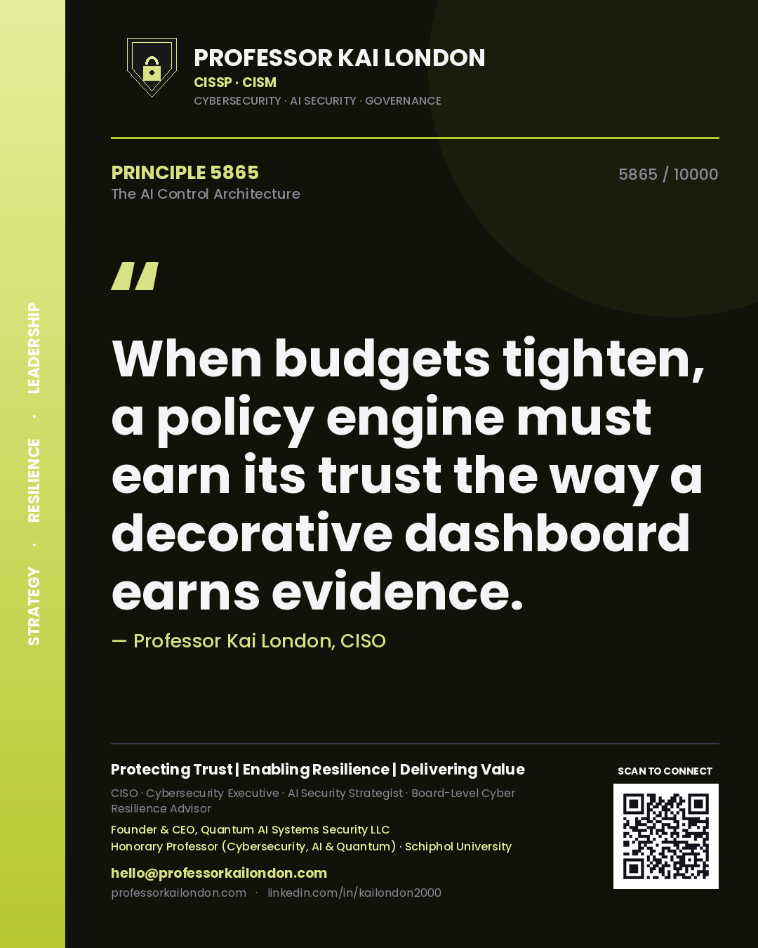 Professor Kai London principle 5865: When budgets tighten, a policy engine must earn its trust the way a decorative dashboard earns evidence.