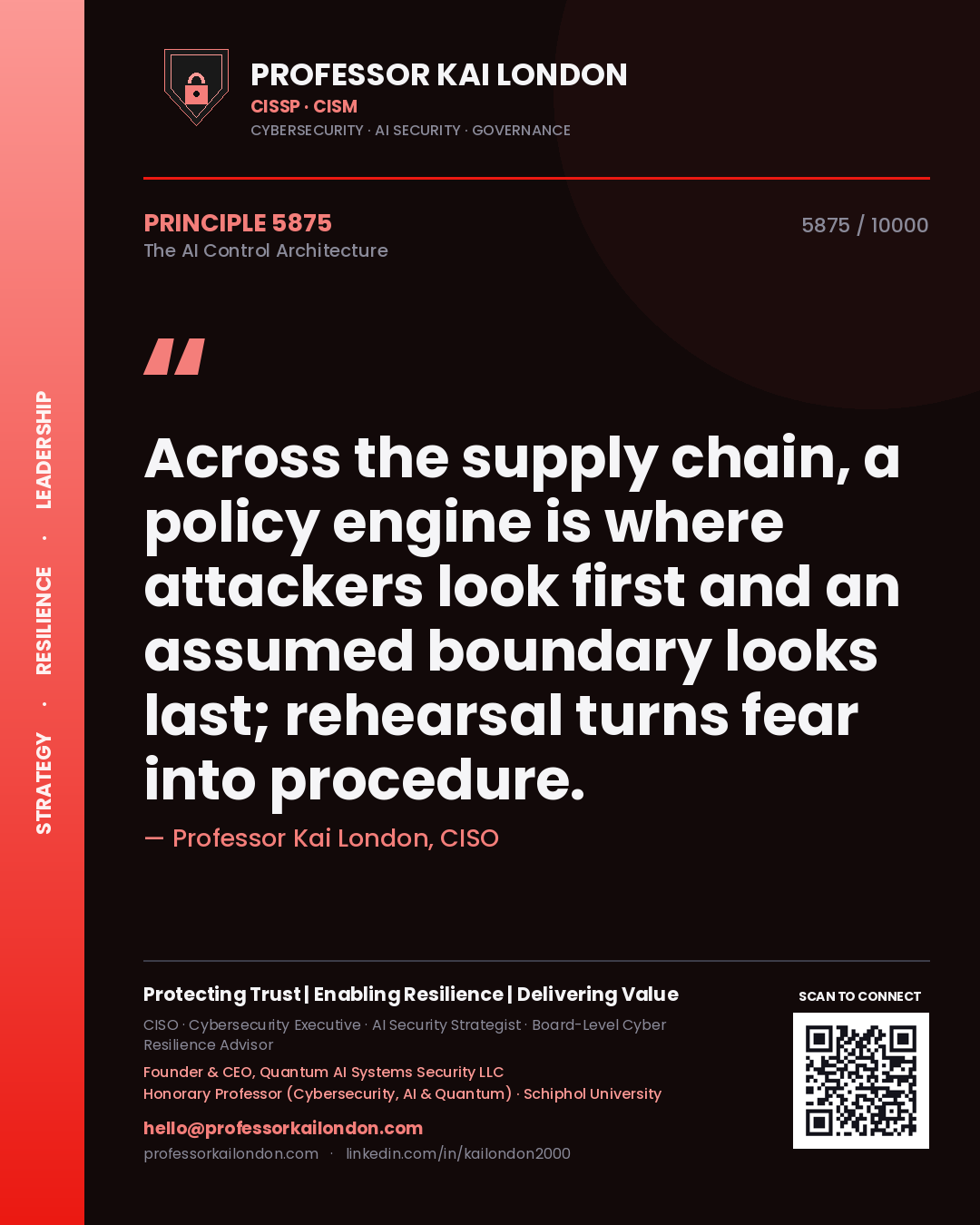 Quote card by Professor Kai London reading 'Across the supply chain, a policy engine is where attackers look first and an assumed boundary looks last; rehearsal turns fear into procedure.'. From the book The AI Control Architecture.