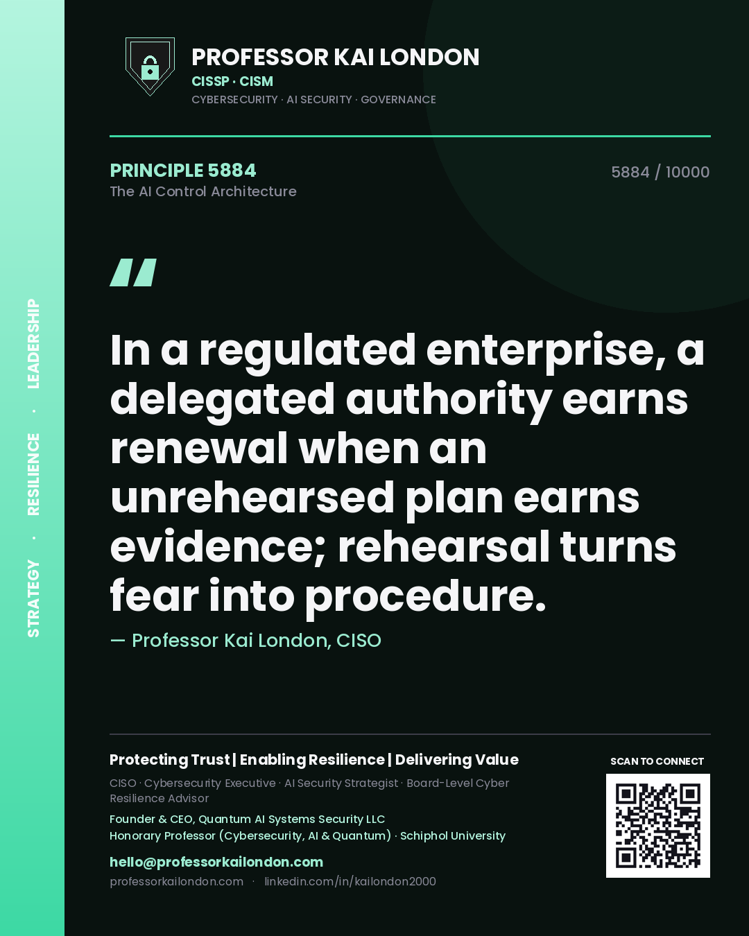 Quote card by Professor Kai London reading 'In a regulated enterprise, a delegated authority earns renewal when an unrehearsed plan earns evidence; rehearsal turns fear into procedure.'. From the book The AI Control Architecture.