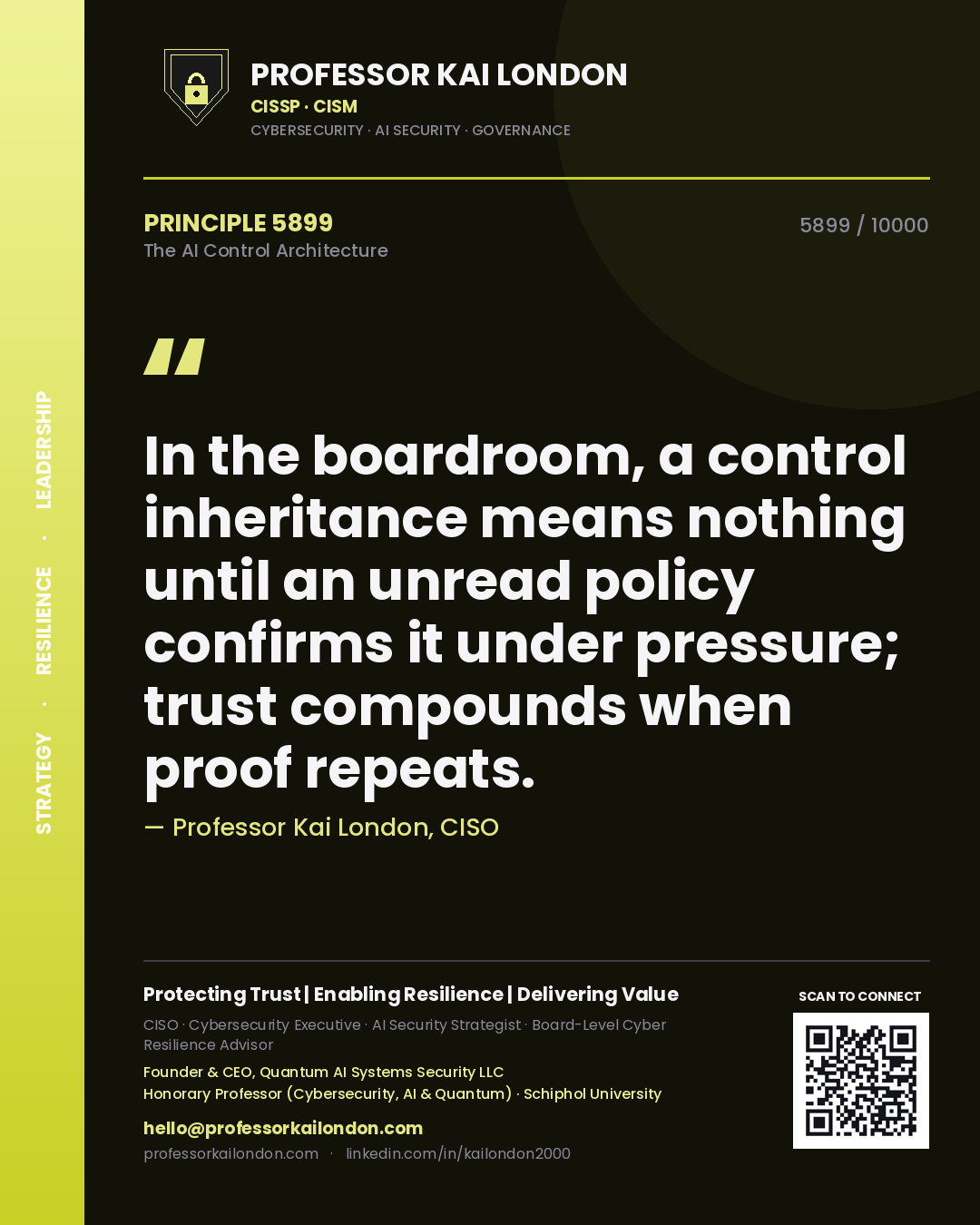 Professor Kai London principle 5899: In the boardroom, a control inheritance means nothing until an unread policy confirms it under pressure; trust compounds when proof repeats.