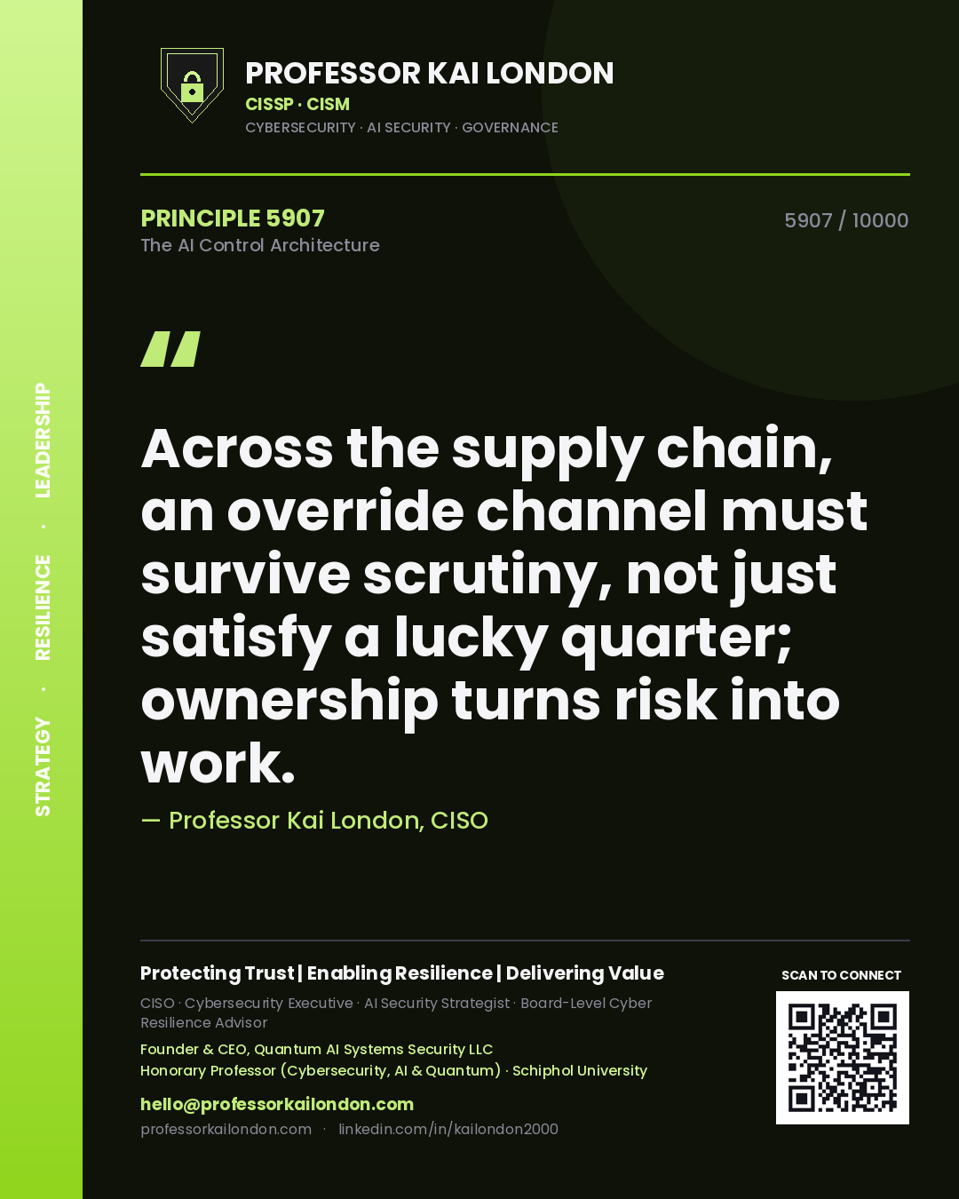 Professor Kai London principle 5907: Across the supply chain, an override channel must survive scrutiny, not just satisfy a lucky quarter; ownership turns risk into work.