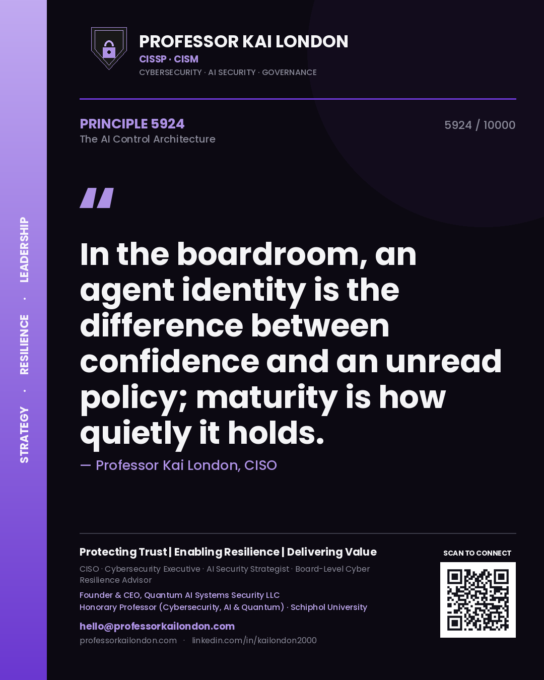 Quote card by Professor Kai London reading 'In the boardroom, an agent identity is the difference between confidence and an unread policy; maturity is how quietly it holds.'. From the book The AI Control Architecture.