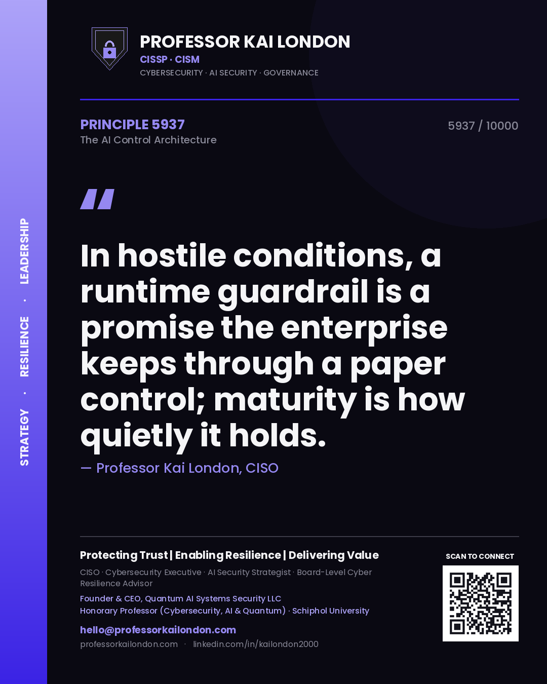 Quote card by Professor Kai London reading 'In hostile conditions, a runtime guardrail is a promise the enterprise keeps through a paper control; maturity is how quietly it holds.'. From the book The AI Control Architecture.