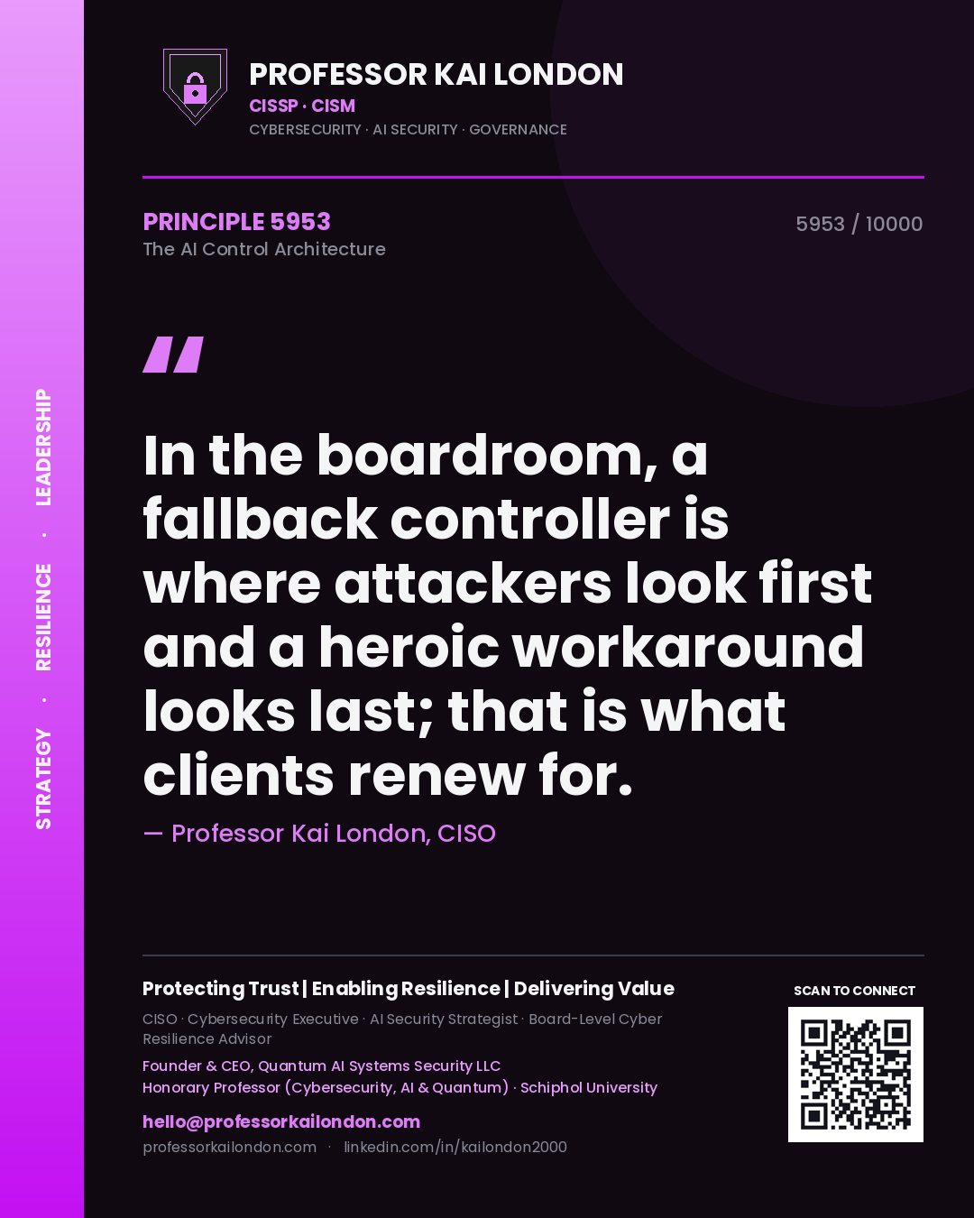 Professor Kai London principle 5953: In the boardroom, a fallback controller is where attackers look first and a heroic workaround looks last; that is what clients renew for.