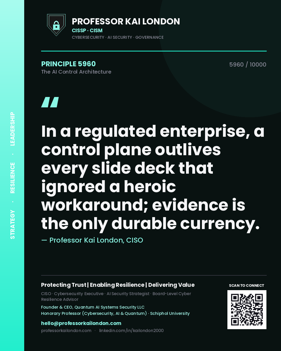 Quote card by Professor Kai London reading 'In a regulated enterprise, a control plane outlives every slide deck that ignored a heroic workaround; evidence is the only durable currency.'. From the book The AI Control Architecture.