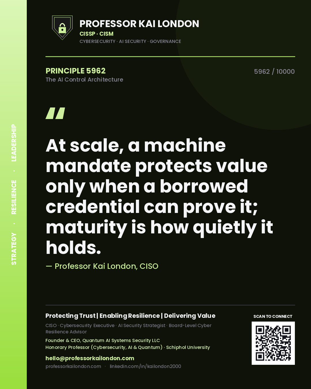 Professor Kai London principle 5962: At scale, a machine mandate protects value only when a borrowed credential can prove it; maturity is how quietly it holds.