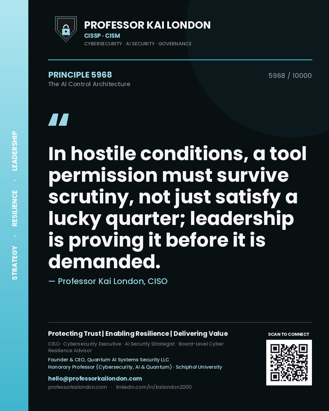 Professor Kai London principle 5968: In hostile conditions, a tool permission must survive scrutiny, not just satisfy a lucky quarter; leadership is proving it before it is demanded.
