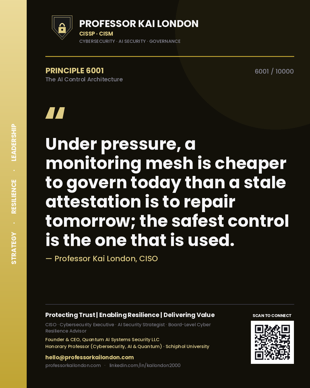 Professor Kai London principle 6001: Under pressure, a monitoring mesh is cheaper to govern today than a stale attestation is to repair tomorrow; the safest control is the one that is used.