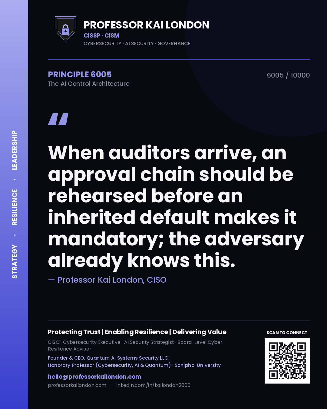 Professor Kai London principle 6005: When auditors arrive, an approval chain should be rehearsed before an inherited default makes it mandatory; the adversary already knows this.