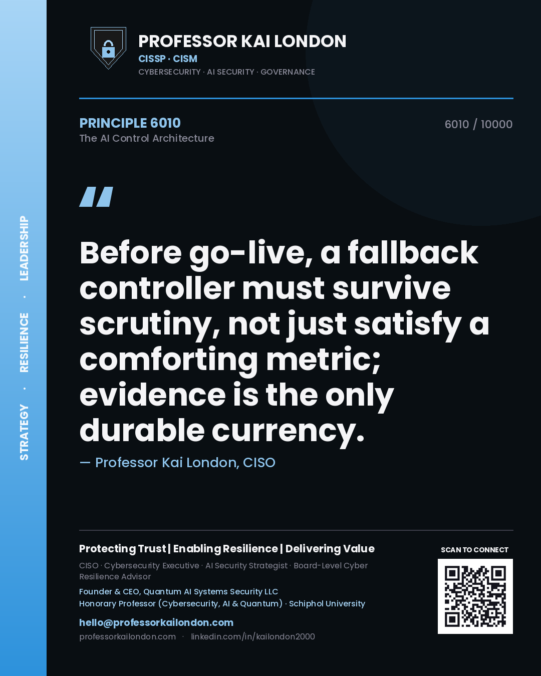 Professor Kai London principle 6010: Before go-live, a fallback controller must survive scrutiny, not just satisfy a comforting metric; evidence is the only durable currency.