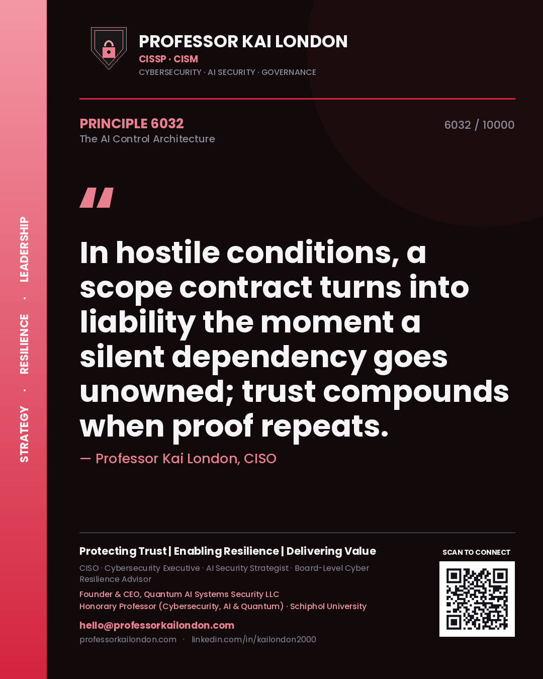 Professor Kai London principle 6032: In hostile conditions, a scope contract turns into liability the moment a silent dependency goes unowned; trust compounds when proof repeats.