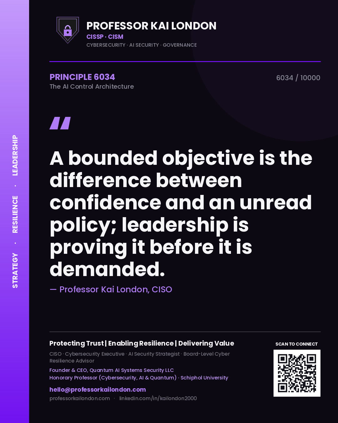 Quote card by Professor Kai London reading 'A bounded objective is the difference between confidence and an unread policy; leadership is proving it before it is demanded.'. From the book The AI Control Architecture.