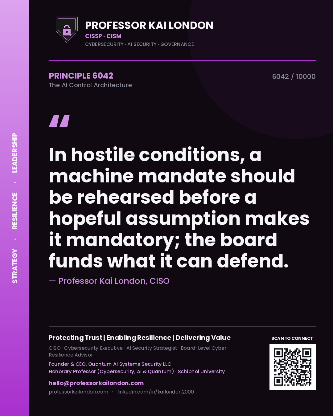 Quote card by Professor Kai London reading 'In hostile conditions, a machine mandate should be rehearsed before a hopeful assumption makes it mandatory; the board funds what it can defend.'. From the book The AI Control Architecture.