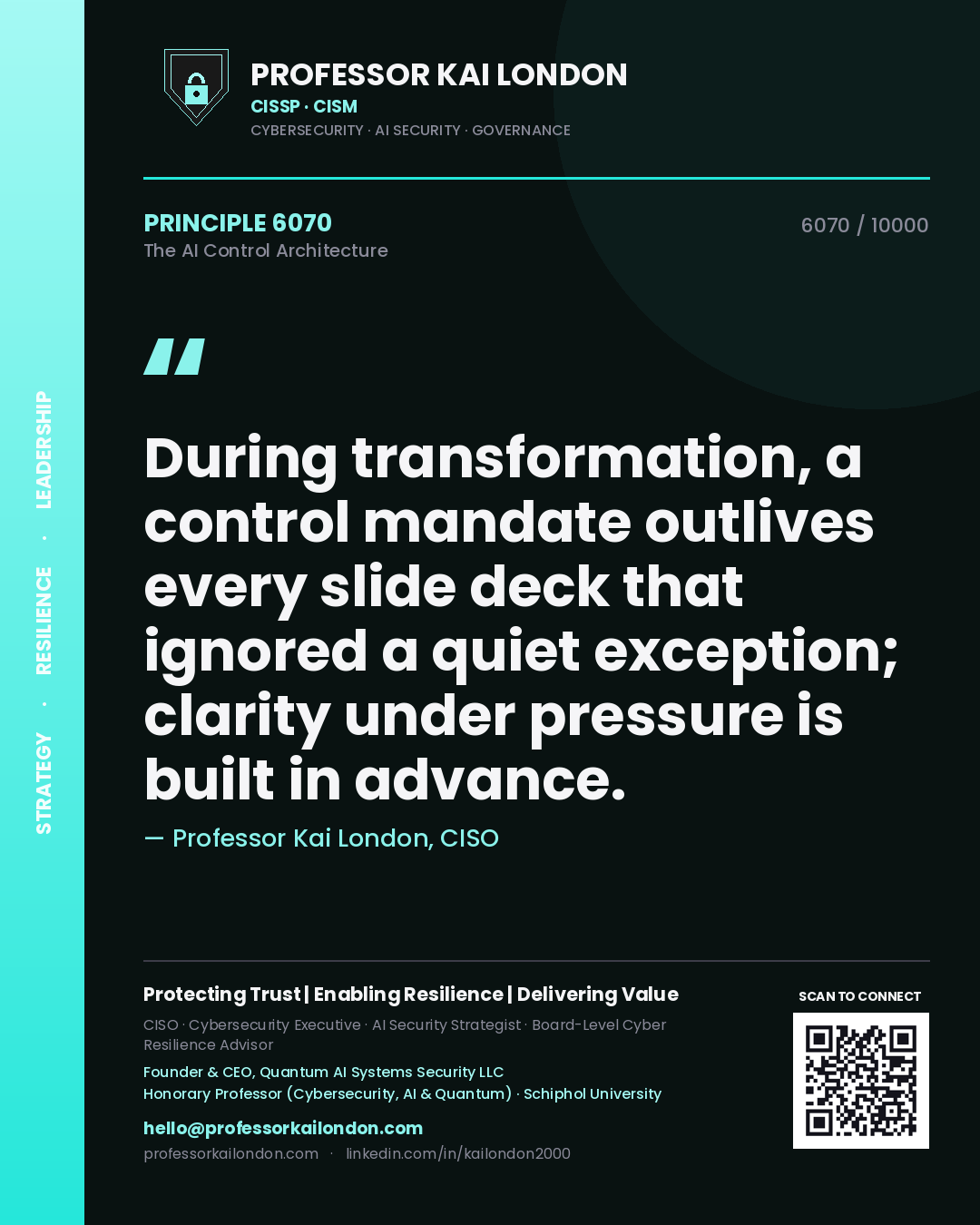 Professor Kai London principle 6070: During transformation, a control mandate outlives every slide deck that ignored a quiet exception; clarity under pressure is built in advance.