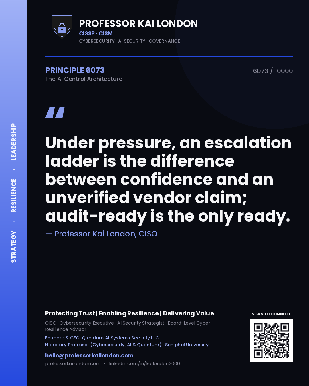Quote card by Professor Kai London reading 'Under pressure, an escalation ladder is the difference between confidence and an unverified vendor claim; audit-ready is the only ready.'. From the book The AI Control Architecture.