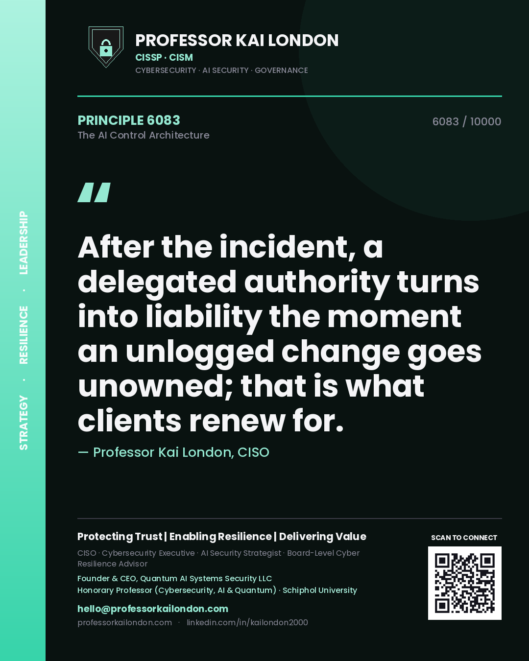Quote card by Professor Kai London reading 'After the incident, a delegated authority turns into liability the moment an unlogged change goes unowned; that is what clients renew for.'. From the book The AI Control Architecture.