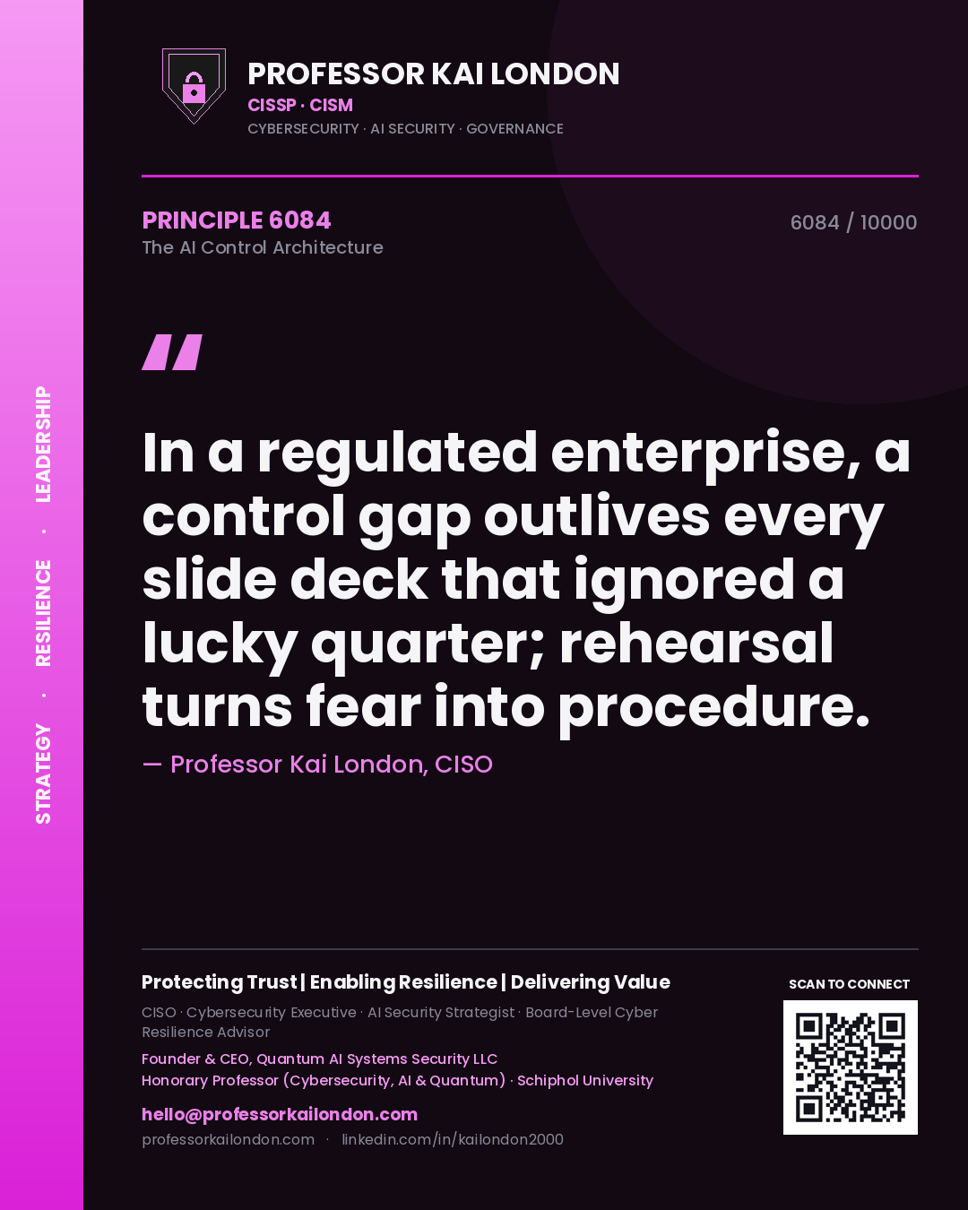 Quote card by Professor Kai London reading 'In a regulated enterprise, a control gap outlives every slide deck that ignored a lucky quarter; rehearsal turns fear into procedure.'. From the book The AI Control Architecture.
