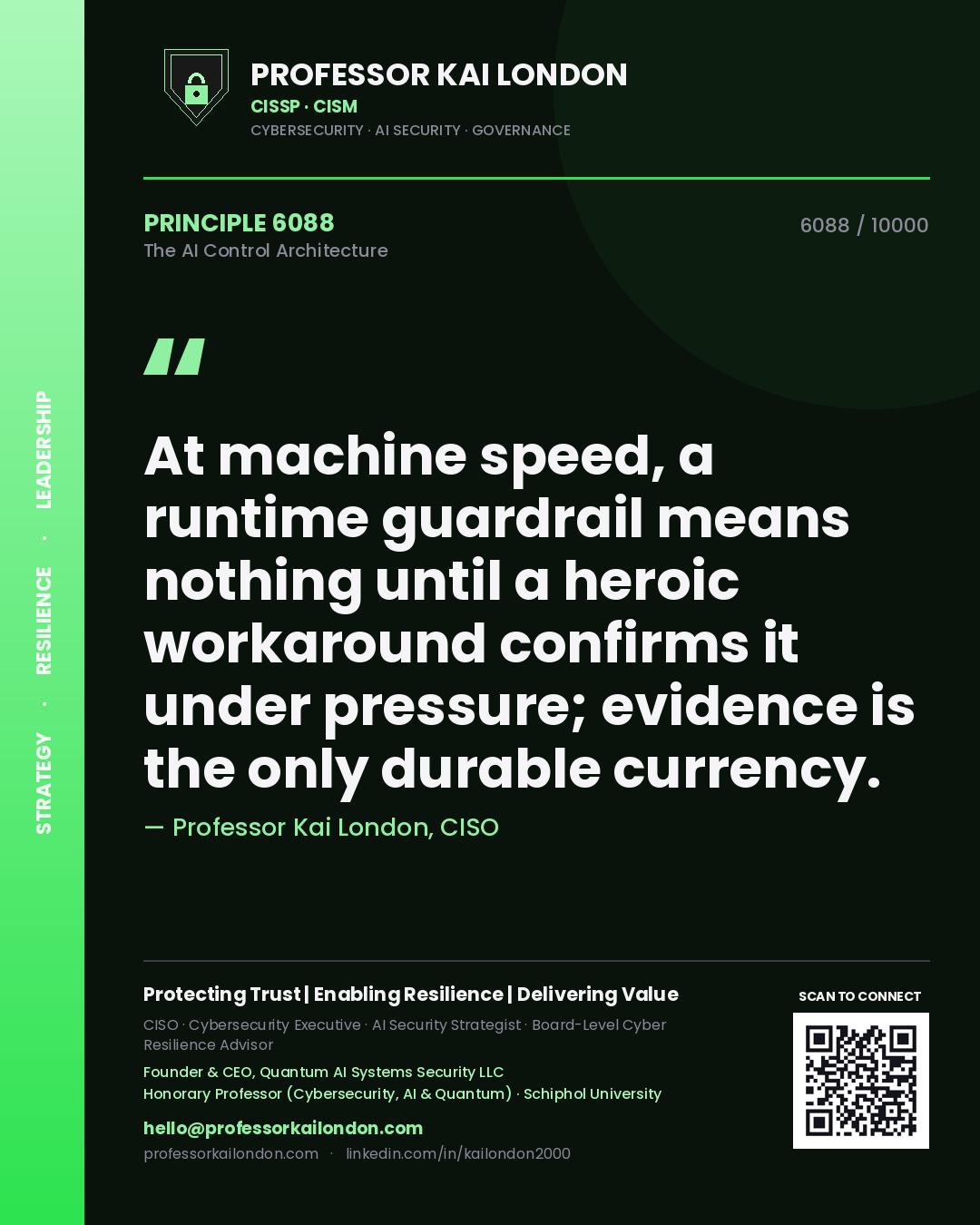 Quote card by Professor Kai London reading 'At machine speed, a runtime guardrail means nothing until a heroic workaround confirms it under pressure; evidence is the only durable currency.'. From the book The AI Control Architecture.