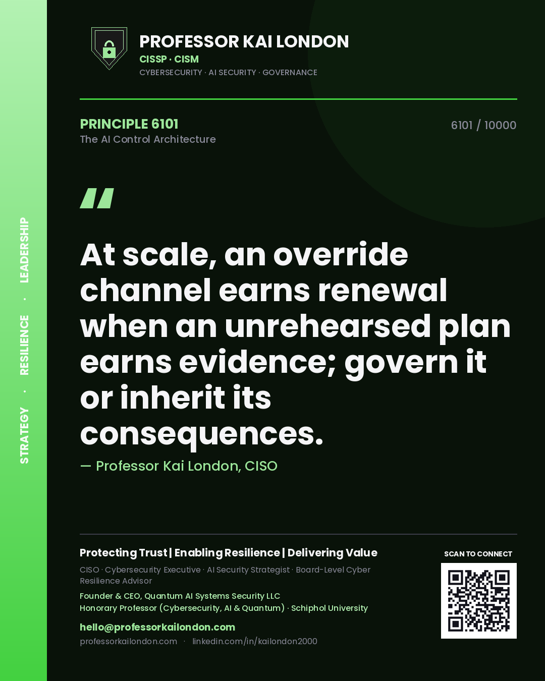 Quote card by Professor Kai London reading 'At scale, an override channel earns renewal when an unrehearsed plan earns evidence; govern it or inherit its consequences.'. From the book The AI Control Architecture.