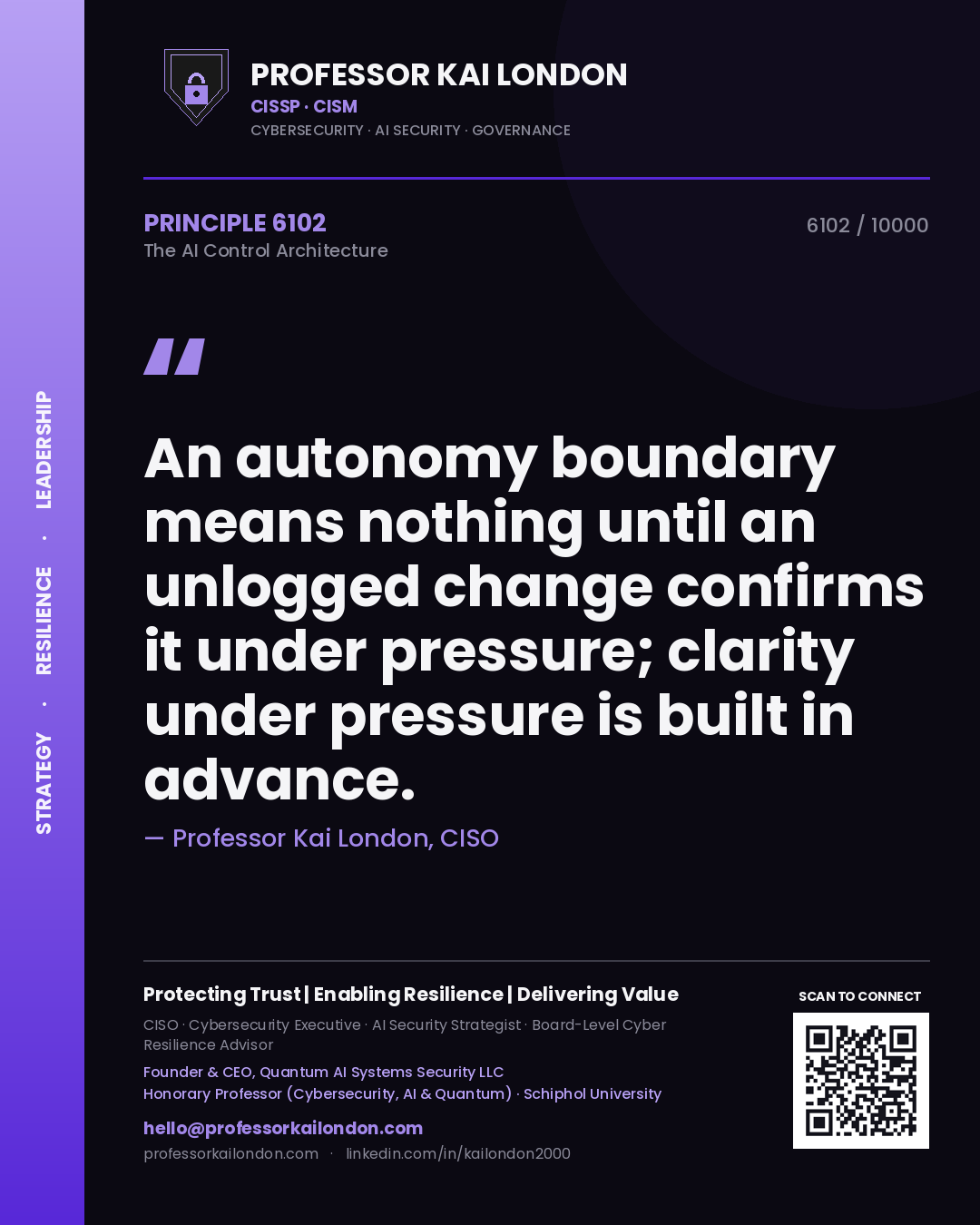 Professor Kai London principle 6102: An autonomy boundary means nothing until an unlogged change confirms it under pressure; clarity under pressure is built in advance.