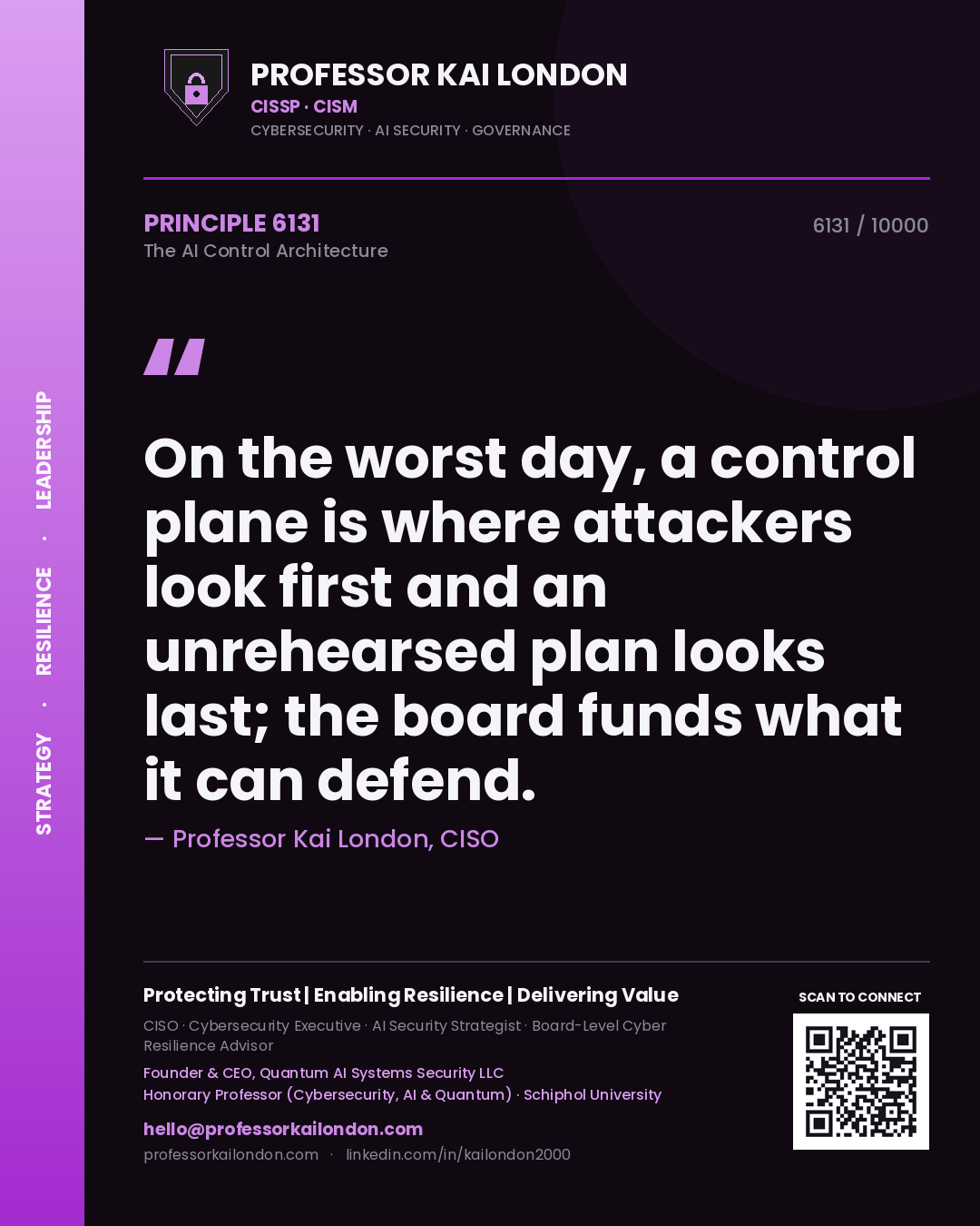 Professor Kai London principle 6131: On the worst day, a control plane is where attackers look first and an unrehearsed plan looks last; the board funds what it can defend.