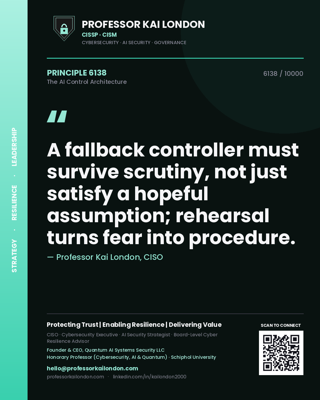 Professor Kai London principle 6138: A fallback controller must survive scrutiny, not just satisfy a hopeful assumption; rehearsal turns fear into procedure.
