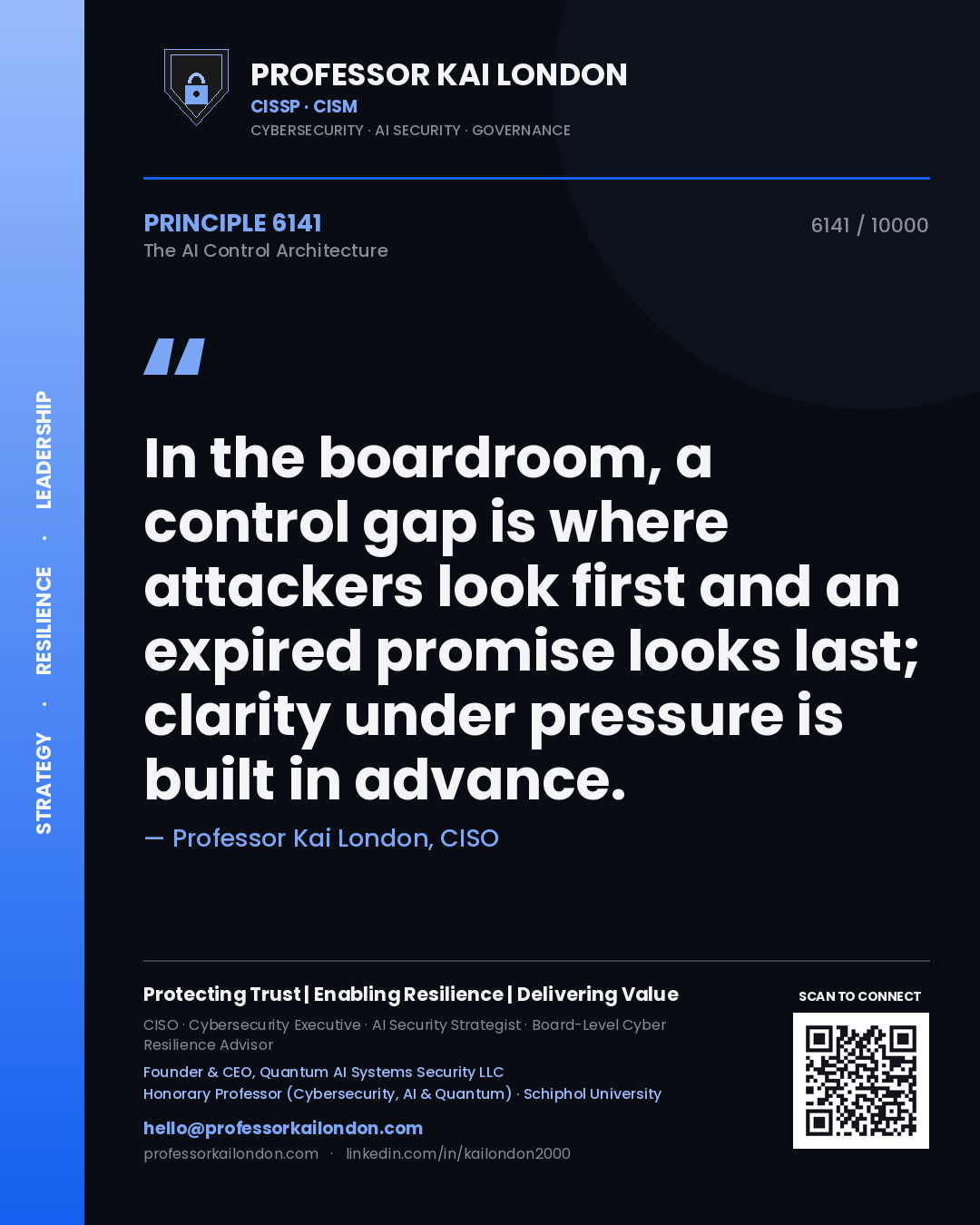 Professor Kai London principle 6141: In the boardroom, a control gap is where attackers look first and an expired promise looks last; clarity under pressure is built in advance.