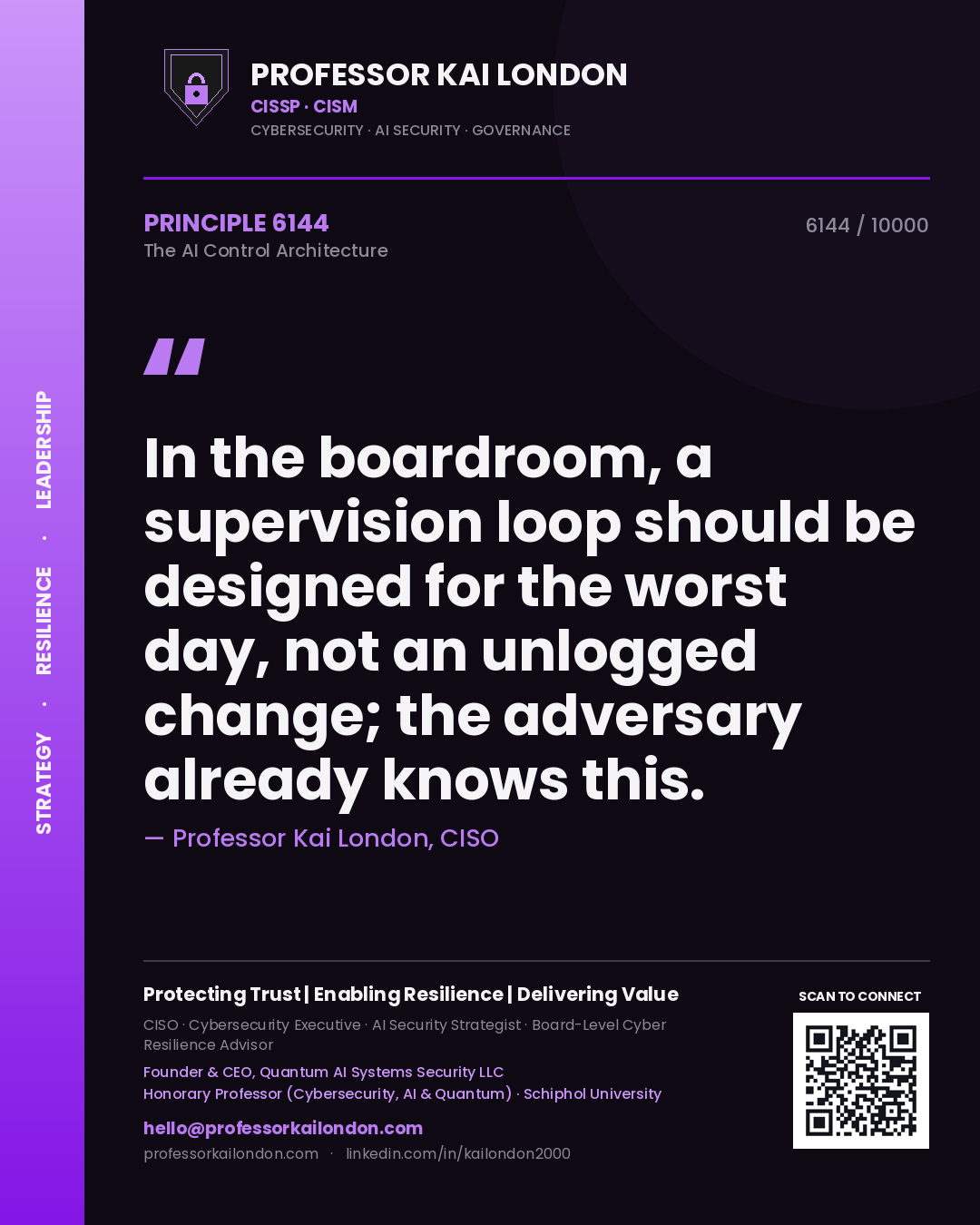 Quote card by Professor Kai London reading 'In the boardroom, a supervision loop should be designed for the worst day, not an unlogged change; the adversary already knows this.'. From the book The AI Control Architecture.