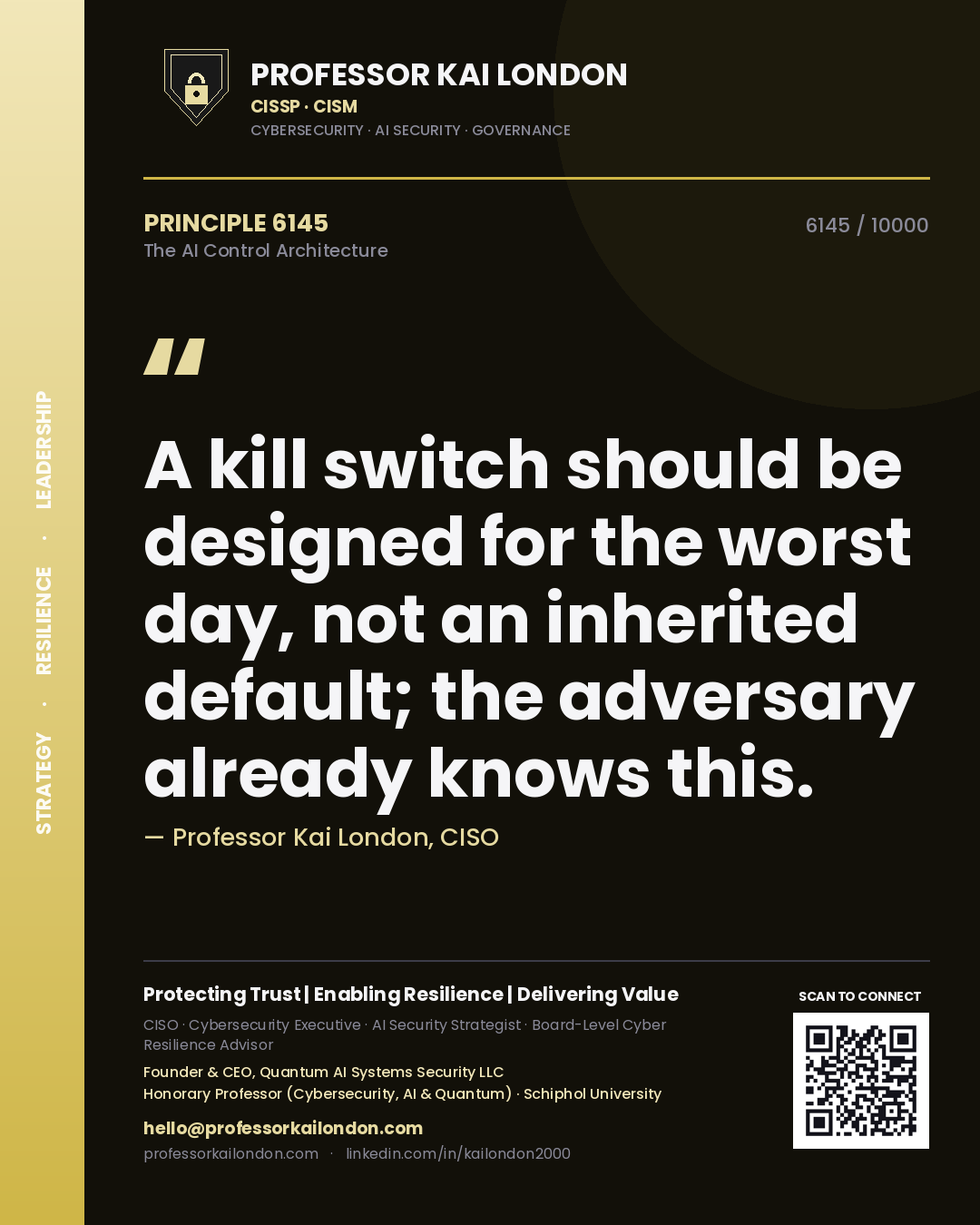 Quote card by Professor Kai London reading 'A kill switch should be designed for the worst day, not an inherited default; the adversary already knows this.'. From the book The AI Control Architecture.